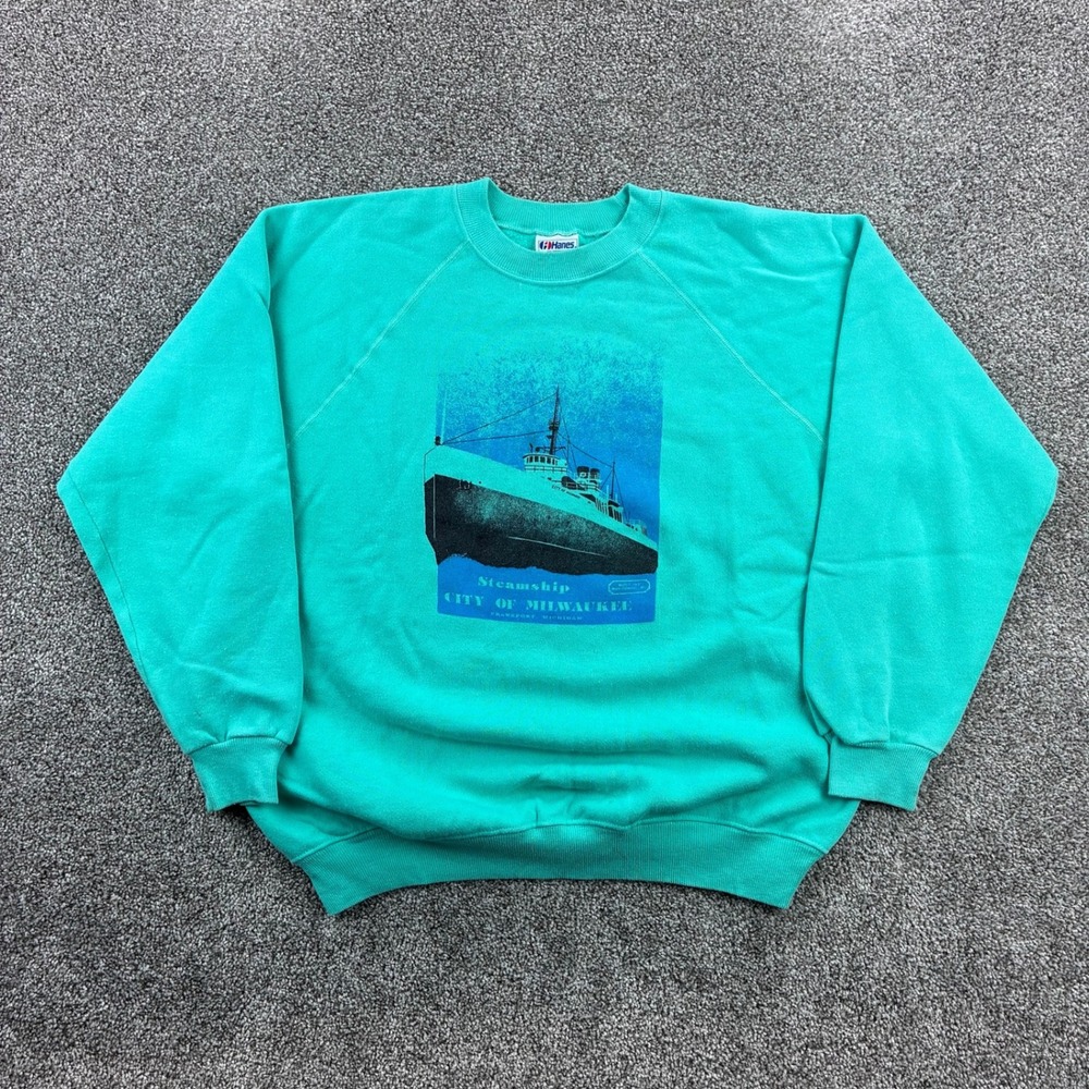 Vintage Steamship City of Milwaukee Sweatshirt Men's Large Teal‎ Blue Michigan
